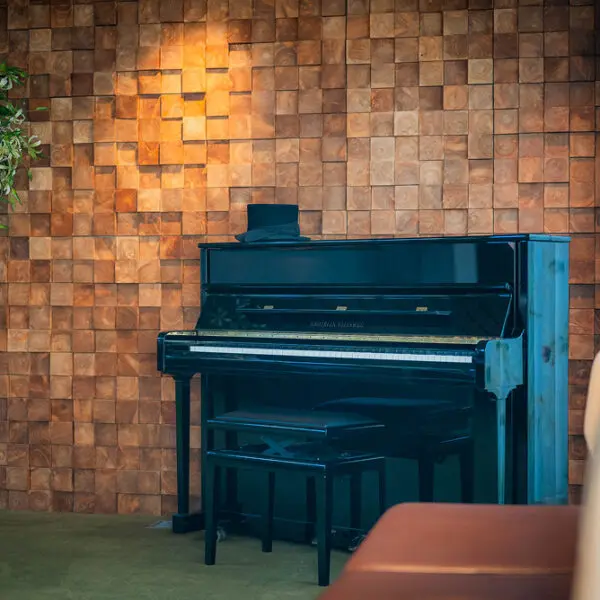 Zwarte piano tegen de houten wand in ceremonieruimte Campherbeek.